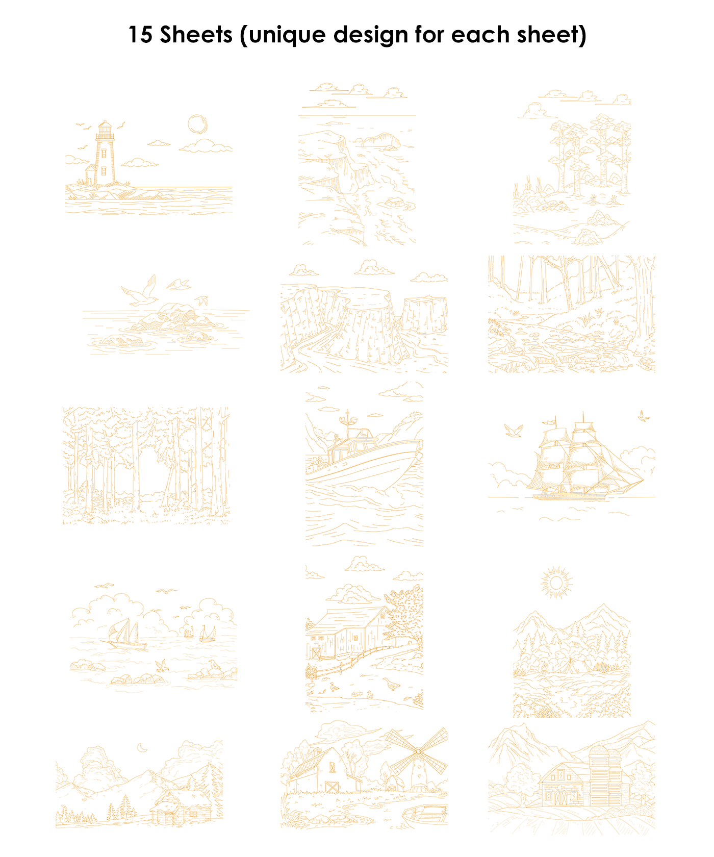 15 Sheets 140LB Landscape-Themed Watercolor Coloring Book